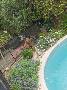 APPARTEMENT EN SOUS SOL DE VILLA avec accès jardin et piscine في مارسيليا: حديقة بها زهور بجوار حمام سباحة