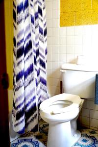 a bathroom with a toilet and a shower curtain at Savannah Inn and Suites Savannah Port Area in Savannah