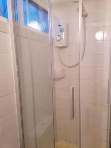 a shower with a glass door in a bathroom at Chalet Kiss of the Sea in Aberystwyth