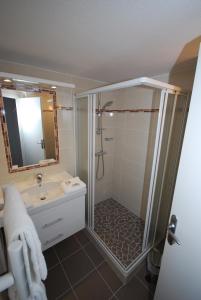 y baño con ducha y lavamanos. en Hotel Le Relais des Champs, en Eugénie-les-Bains