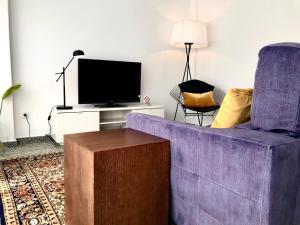 a living room with a purple couch and a tv at Apartamento Padrón Centro, Camino De Santiago P1 UR in Padrón