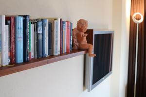 a book shelf with a doll sitting on top of it at DieAussicht - Refugium am Berg in Hippach