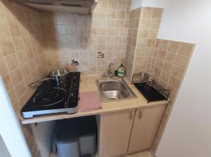 a small kitchen with a sink and a stove at Comfortable Studio Old Town/New City in Warsaw