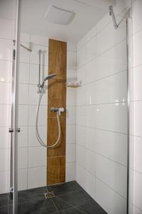 a bathroom with a shower with a glass door at Alpine Appartement Top 8 by AA Holiday Homes in Tauplitz