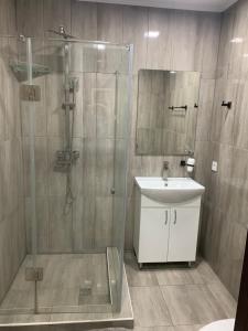 a bathroom with a shower and a sink and a mirror at Beregynya in Yuzhnoukrainsk 