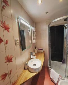 a bathroom with a sink and a shower at SunRoom Szczecin in Szczecin +13 photos