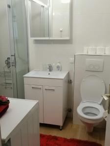 a white bathroom with a toilet and a sink at Danube Apartment in Belgrade