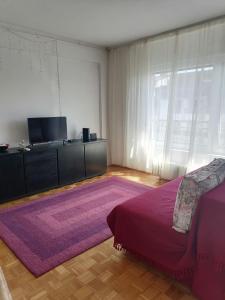 a bedroom with a purple bed and a large rug at Danube Apartment in Belgrade