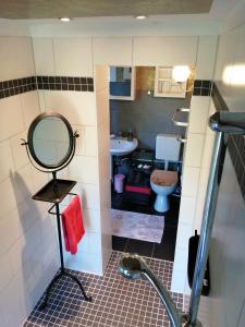 een kleine badkamer met een spiegel en een wastafel bij Auszeit in Friedland