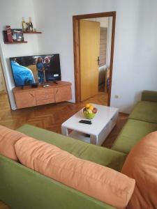Nika Apartment في بلغراد: غرفة معيشة مع أريكة وتلفزيون وطاولة