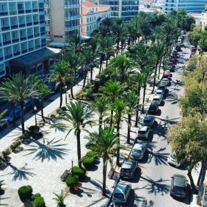 an aerial view of a street with palm trees and cars at Cactus Hotel in Rhodes Town