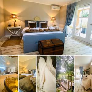 een collage van foto's van een slaapkamer met een bed bij De Vijverkamer-----privé diner op de kamer mogelijk!! in Hoogeveen