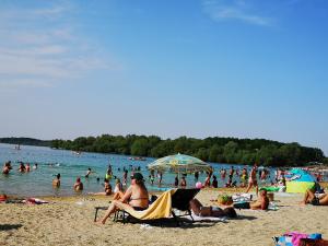 a group of people on the beach at a beach at Chez Petit in Argançon