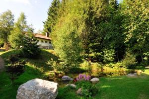 a garden with rocks and trees and a house at Ferienhaus am Feldberg in Feldberg