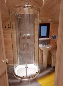 a bathroom with a shower and a sink in a cabin at Bwlcheinion Sea View Glamping in Machynlleth