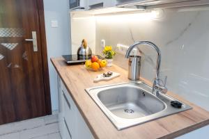 a kitchen with a sink and fruit on a counter at Villa Kliwer 50 metrów od morza in Rowy