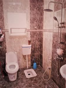 a bathroom with a toilet and a shower and a sink at Sunrise Chalet شالية الشروق الجبل الاخضر in Duwaykhīlah