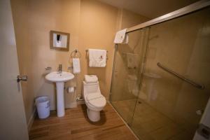 uma casa de banho com um chuveiro, um WC e um lavatório. em California Comfort & Suites em Los Algodones