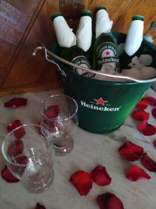 a bucket filled with bottles of champagne and red roses at Pousada Recanto das Águas in Lumiar