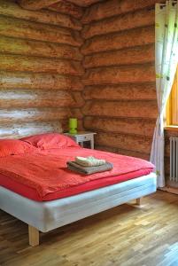 a bedroom with a red bed in a wooden wall at Dom pod sosnami in Gryżyna