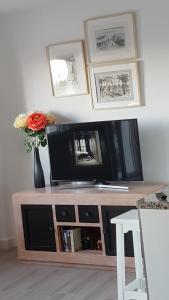 einen Fernseher auf einem hölzernen Unterhaltungszentrum in der Unterkunft Cuesta del Tajillo in Torremolinos