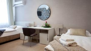 a bedroom with a bed and a desk and a mirror at Penzion Solid Spa in Mladá Boleslav