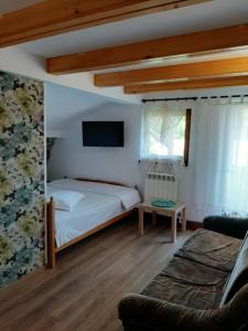 a bedroom with a bed and a tv on the wall at MON AMI in Sărata-Monteoru