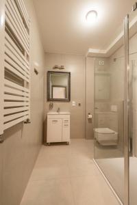 a bathroom with a toilet and a sink and a mirror at Apartamenty Kupiecka ścisłe centrum in Zielona Góra
