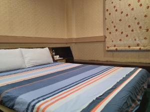 台南的住宿－The LEY HOTEL 寶麗頌旅館，一张床上,床上有一条色彩缤纷的条纹毯子