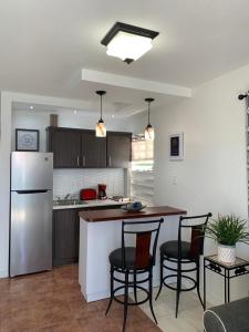 a kitchen with a table and chairs and a refrigerator at Mar Bonita Beach Apartment in Isabela