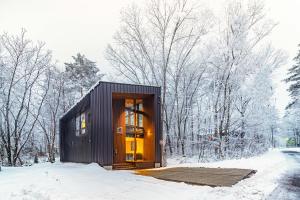 a small black tiny house in the snow at Gravity by The Hakuba Collection in Hakuba