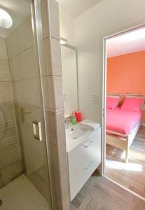 een badkamer met een bed, een wastafel en een spiegel bij Le Majestic idéal famille, entreprise, proximité centre, fac Jean monnet in Saint-Étienne