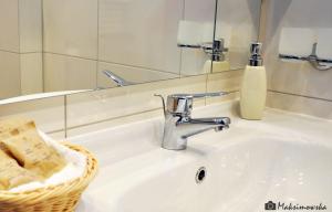 a bathroom sink with a faucet and a mirror at Villa MB in Augustów +40 photos