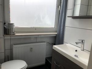 a bathroom with a toilet and a sink and a window at Apartment Anna-Eva in Winterberg