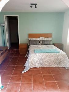 a bedroom with a bed and a tile floor at Estudio Tanner in Pedrógão Grande