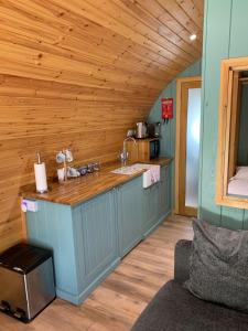 uma cozinha com um balcão num quarto com paredes de madeira em Kersebrock Kabins em Falkirk