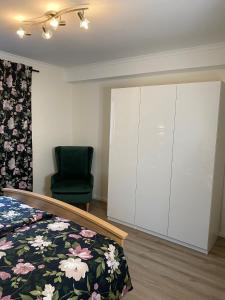 德羅爾斯哈根的住宿－Ferienwohnung Birkenhof，一间卧室配有一张床、一个橱柜和一把椅子