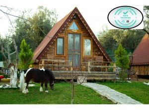 a horse grazing in front of a log cabin at Kazdaglari Ida Natura Bungalov Hotel in Akcay