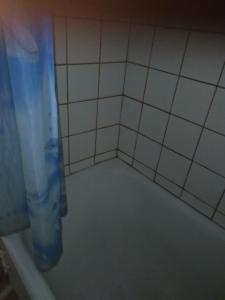 uma casa de banho com uma banheira e uma cortina de chuveiro azul em Вишня,двокімнатна квартира em Truskavets