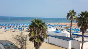 a beach with chairs and palm trees and the ocean at Apartment Atlantic Roseto Beach in Roseto degli Abruzzi