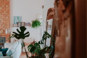 a living room with potted plants and a mirror at Endless Summer Surf House in Aljezur
