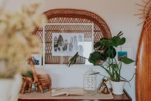 a room with a table with a plant and a mirror at Endless Summer Surf House in Aljezur