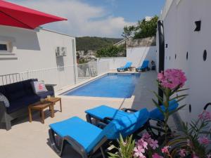 a patio with blue chairs and a swimming pool at Villa More in Pučišća