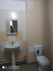 a bathroom with a toilet and a sink and a mirror at Yedinstvo Hotel in Cherepovets