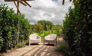 due sedie bianche sedute in mezzo a un giardino di Onze Kas a Lelystad