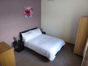 a bedroom with a white bed and a painting on the wall at Gwynedd House Flat 2 in Pentraeth