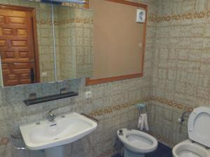 een badkamer met een wastafel, een toilet en een spiegel bij villa Garibaldi in Agüero