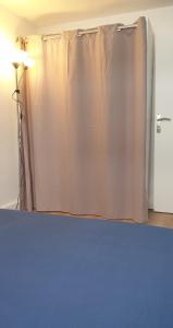 a curtain in a room with a bed and a lamp at Bel appartement F2 centre ville in Le Havre