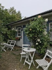 3 weiße Stühle und ein Tisch vor einem Haus in der Unterkunft Villa Lavendel in Borgholm