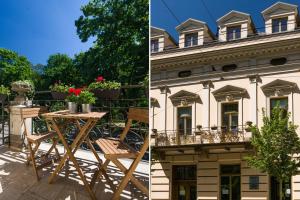 two pictures of a house with a table and a balcony at Vanilla 6 Apartment in Krakow